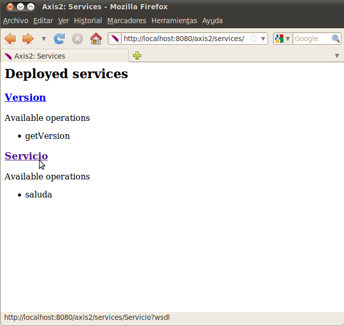 Servicios desplegados en Axis2