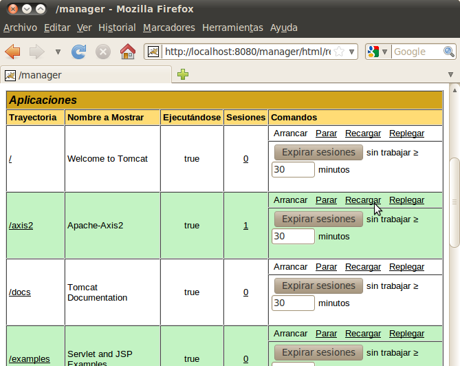 Aplicaciones en el Manager de Tomcat