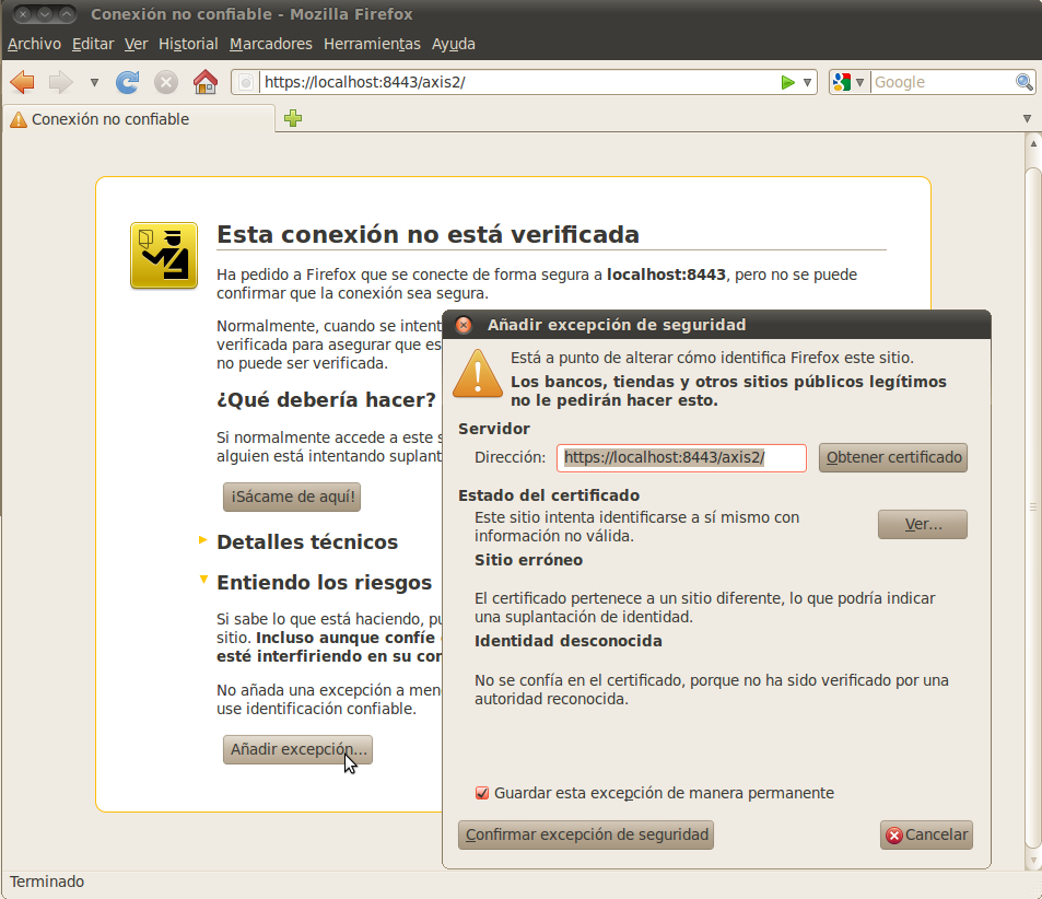 Añadir excepción de seguridad en Firefox