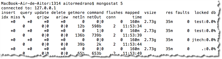 Ejemplo de ejecutar mongostat 5