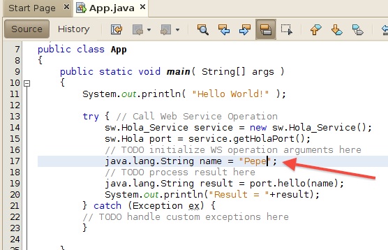 Edici&oacute;n de la llamada al servicio web