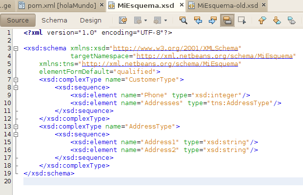Vista de fuentes del esquema MiEsquema.xsd