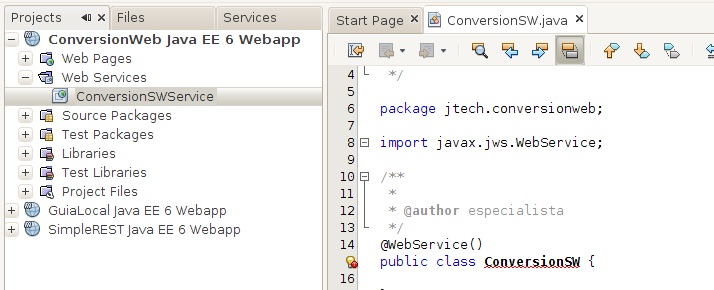 Vista de c&oacute;digo del servicio Web creado